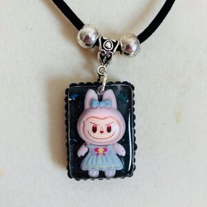 Handmade Kawaii “Labubu” Bunny Necklace with Black Velvet Chain/Extender 16 In.